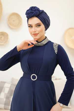 Boncuk İşlemeli Lacivert Tesettür Abaya Takım 43201L - Thumbnail