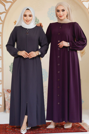 Düğmeli Mürdüm Tesettür Abaya 45283MU - Thumbnail