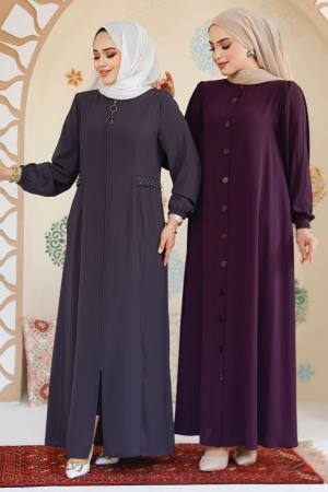 Düğmeli Mürdüm Tesettür Abaya 45283MU - Thumbnail