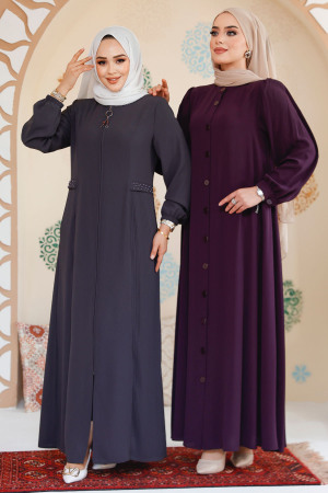 Düğmeli Mürdüm Tesettür Abaya 45283MU - Thumbnail