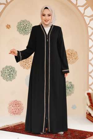 Fermuarlı Siyah Tesettür Abaya 35167S - Thumbnail