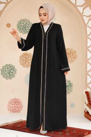 Fermuarlı Siyah Tesettür Abaya 35167S - Thumbnail