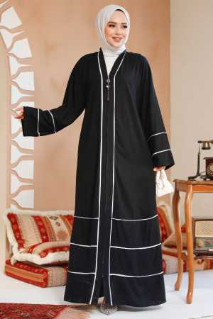 Fermuarlı Siyah Tesettür Abaya 41567S - Thumbnail