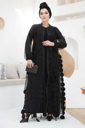 Kemerli Siyah Tesettür Abaya 4655S - Thumbnail