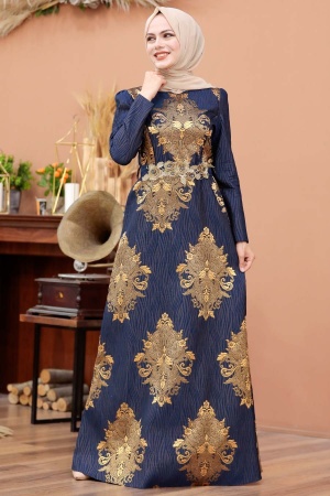 Navy Blue Hijab Evening Dress 2680L - Thumbnail