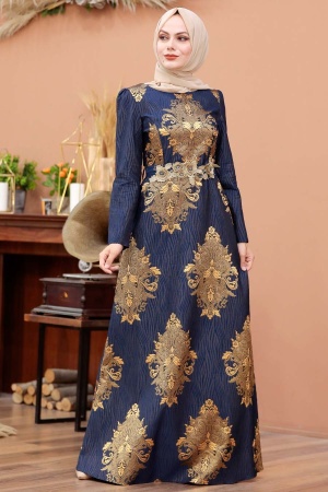 Navy Blue Hijab Evening Dress 2680L - Thumbnail