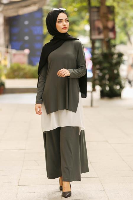 New Kenza- Tunik & Pantolon İkili Haki Tesettür Takım 51191HK