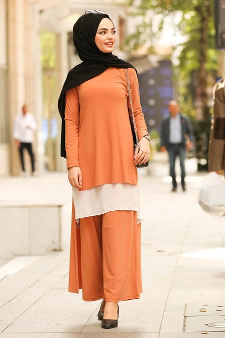 New Kenza- Tunik & Pantolon İkili Taba Tesettür Takım 51191TB